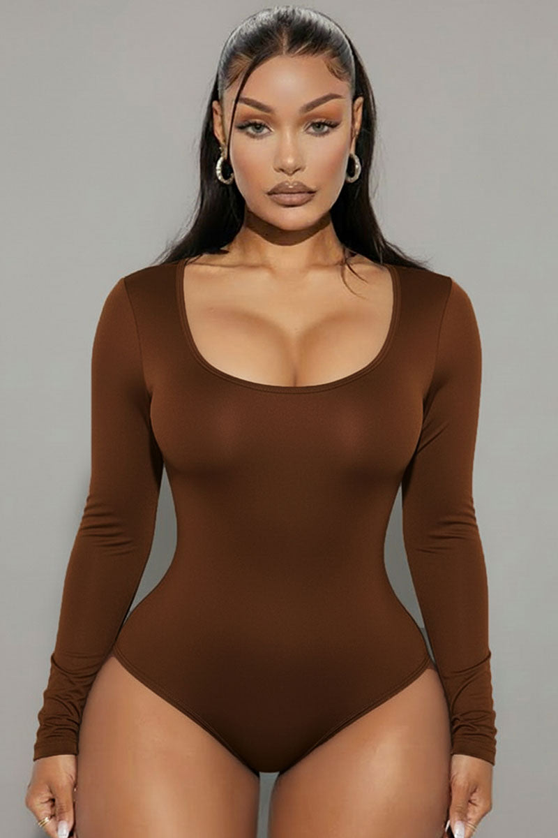 Scoop Neck Solid Long Sleeve Bodysuit