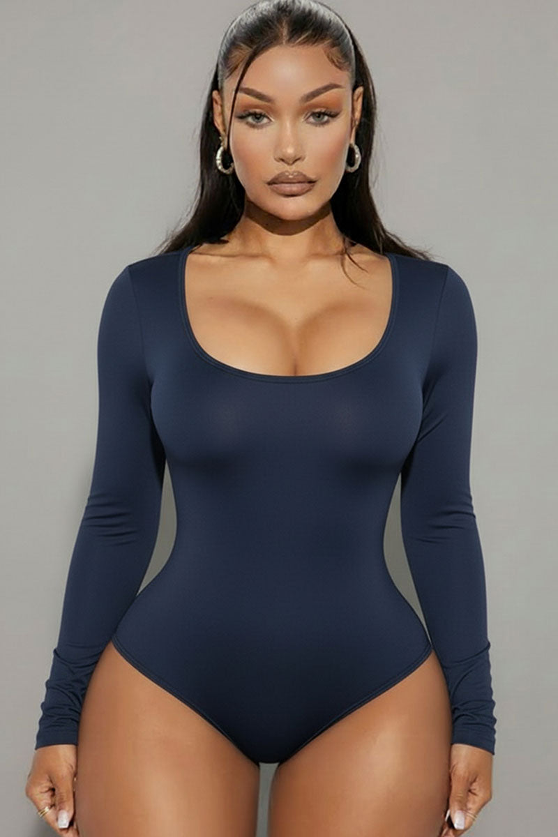 Scoop Neck Solid Long Sleeve Bodysuit