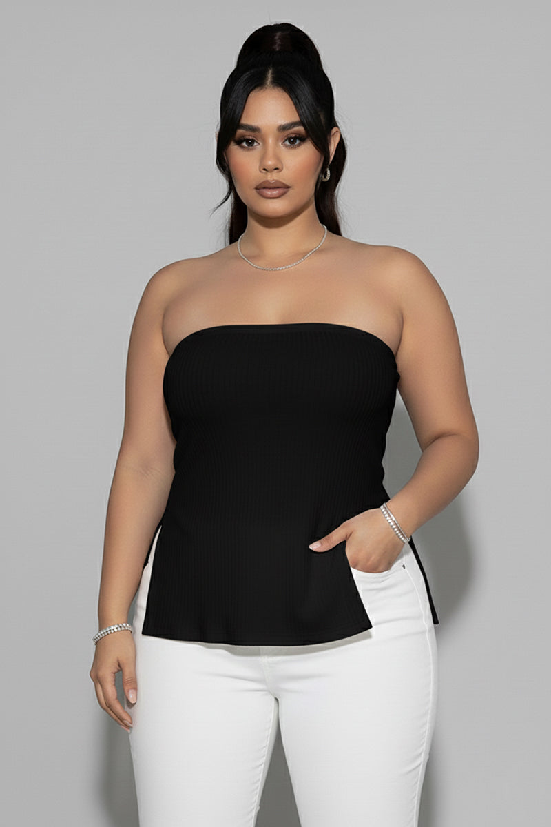 Plus Strapless Ribbed Side-Slit Flare Top – Wholesale Capella Apparel