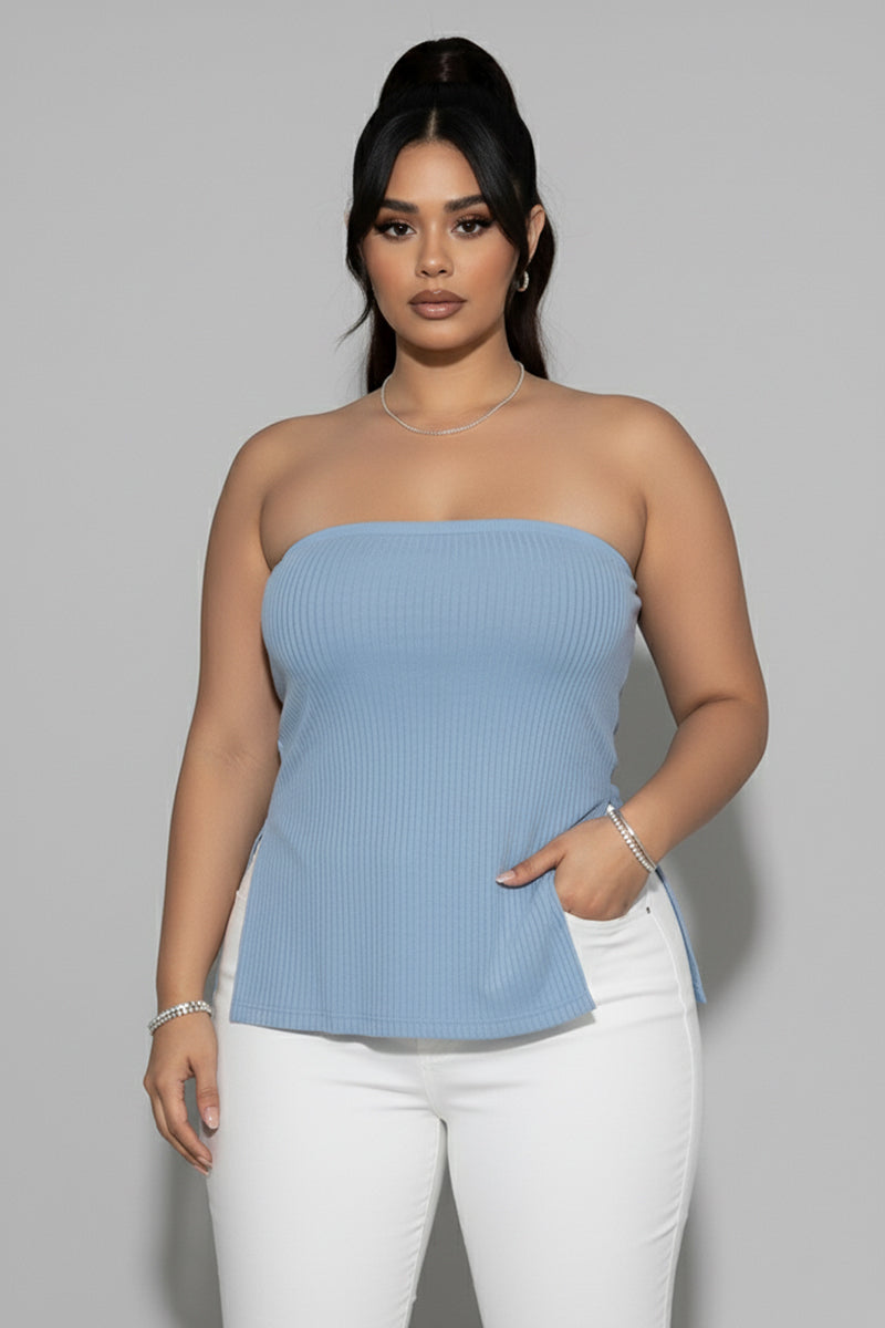 Plus Strapless Ribbed Side-Slit Flare Top