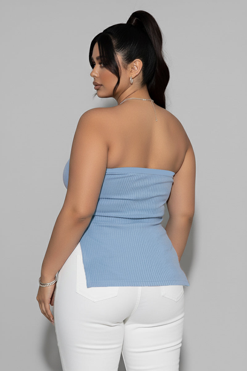 Plus Strapless Ribbed Side-Slit Flare Top