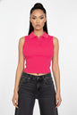 Slim-Fit Sleeveless Polo Collar Crop Top