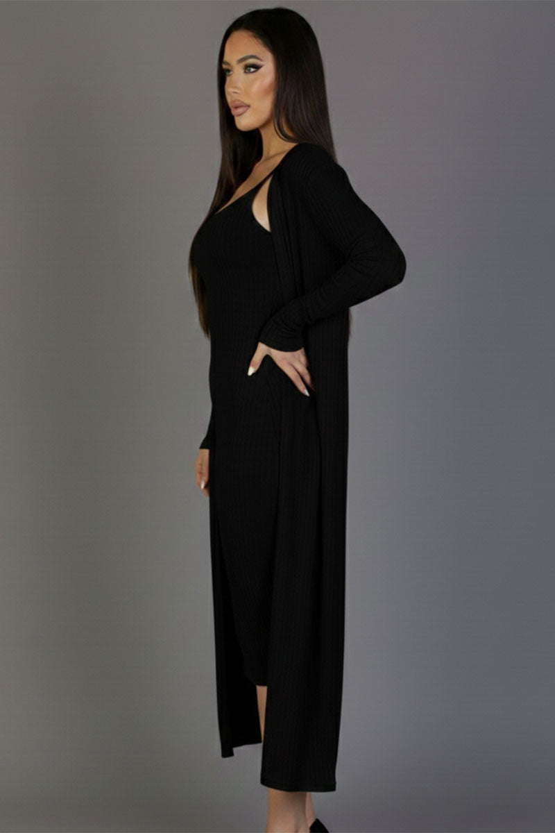 Ribbed Cardigan & Cami Midi Bodycon Dress