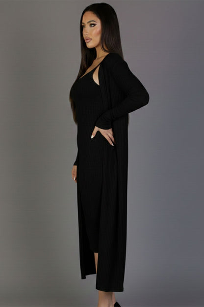 Ribbed Cardigan & Cami Midi Bodycon Dress