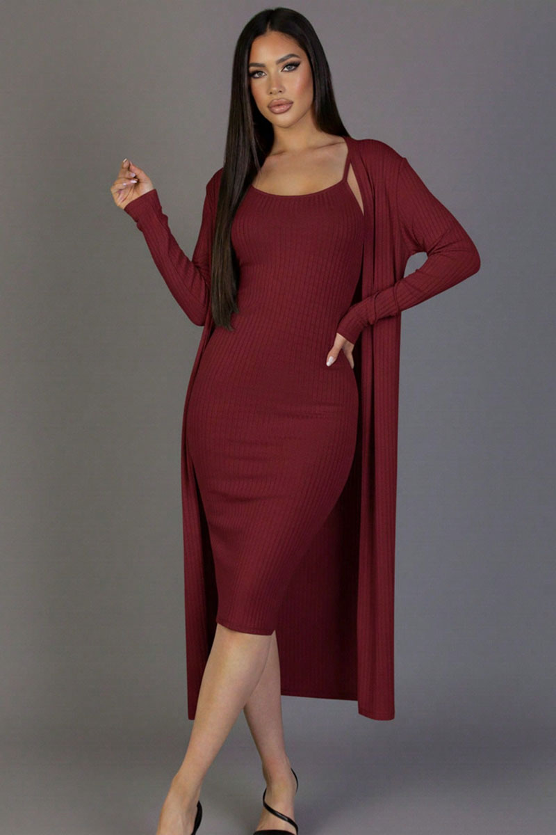 Ribbed Cardigan & Cami Midi Bodycon Dress