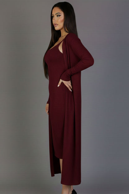Ribbed Cardigan & Cami Midi Bodycon Dress