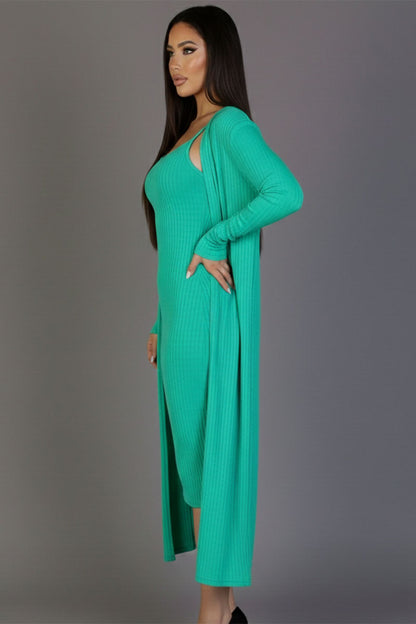 Ribbed Cardigan & Cami Midi Bodycon Dress