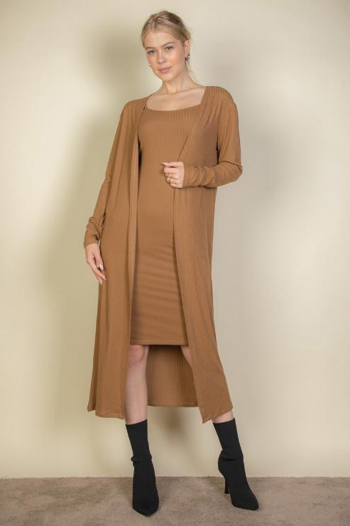 Ribbed Cardigan & Cami Midi Bodycon Dress - Capella Apparel