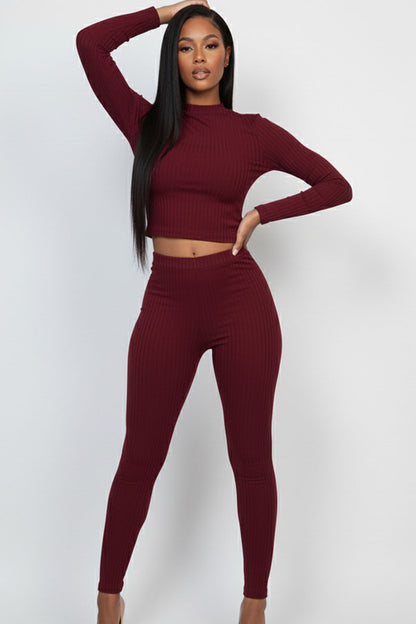 Ribbed Mock Neck Long Sleeve Top & Leggings Set (capella)
