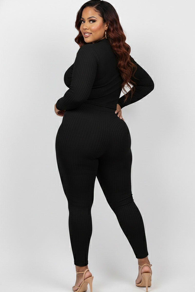Plus Size Ribbed Mock Neck Long Sleeve Top & Leggings Set