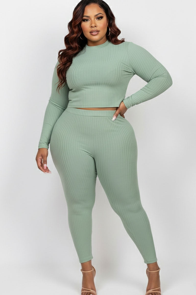 Plus Size Ribbed Mock Neck Long Sleeve Top & Leggings Set (capella)