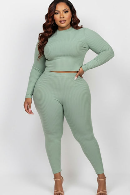 Plus Size Ribbed Mock Neck Long Sleeve Top & Leggings Set (capella)