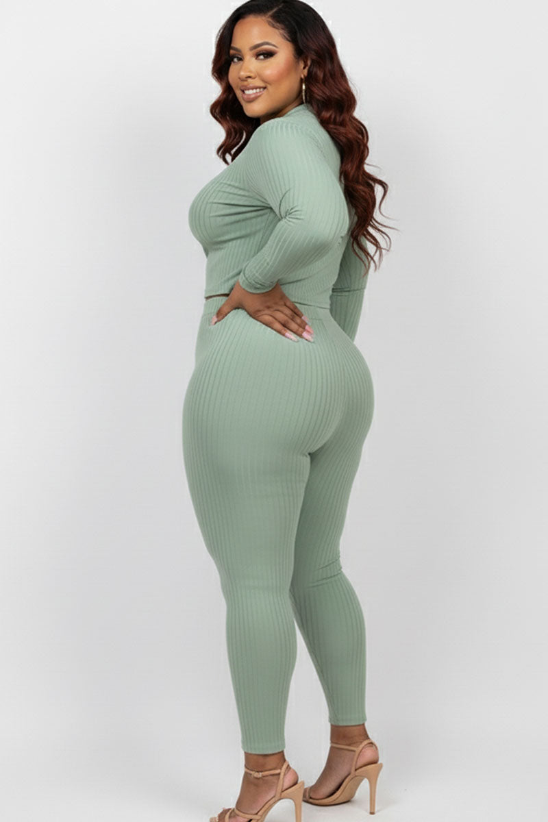 Plus Size Ribbed Mock Neck Long Sleeve Top & Leggings Set (capella)