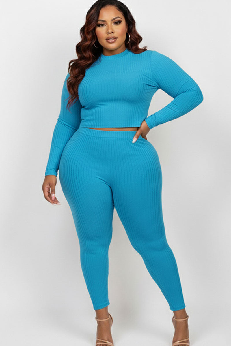Plus Size Ribbed Mock Neck Long Sleeve Top & Leggings Set