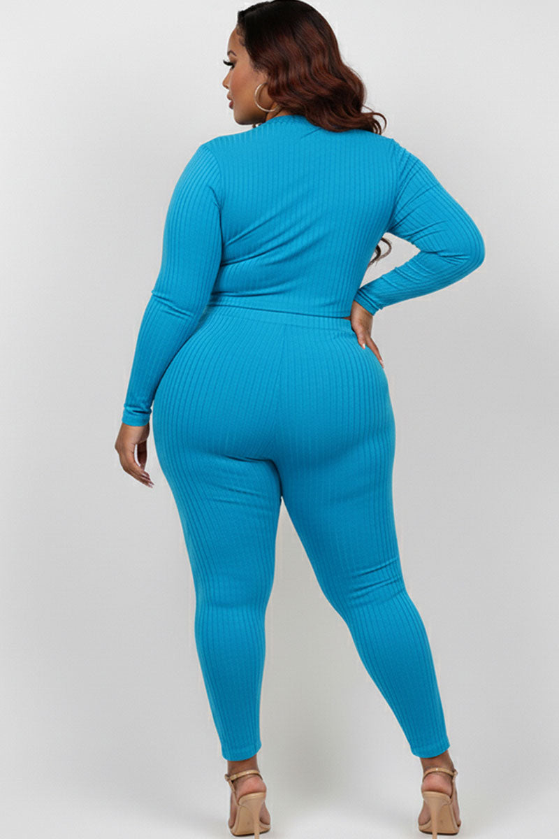 Plus Size Ribbed Mock Neck Long Sleeve Top & Leggings Set