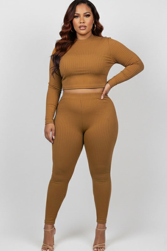Plus Size Ribbed Mock Neck Long Sleeve Top & Leggings Set