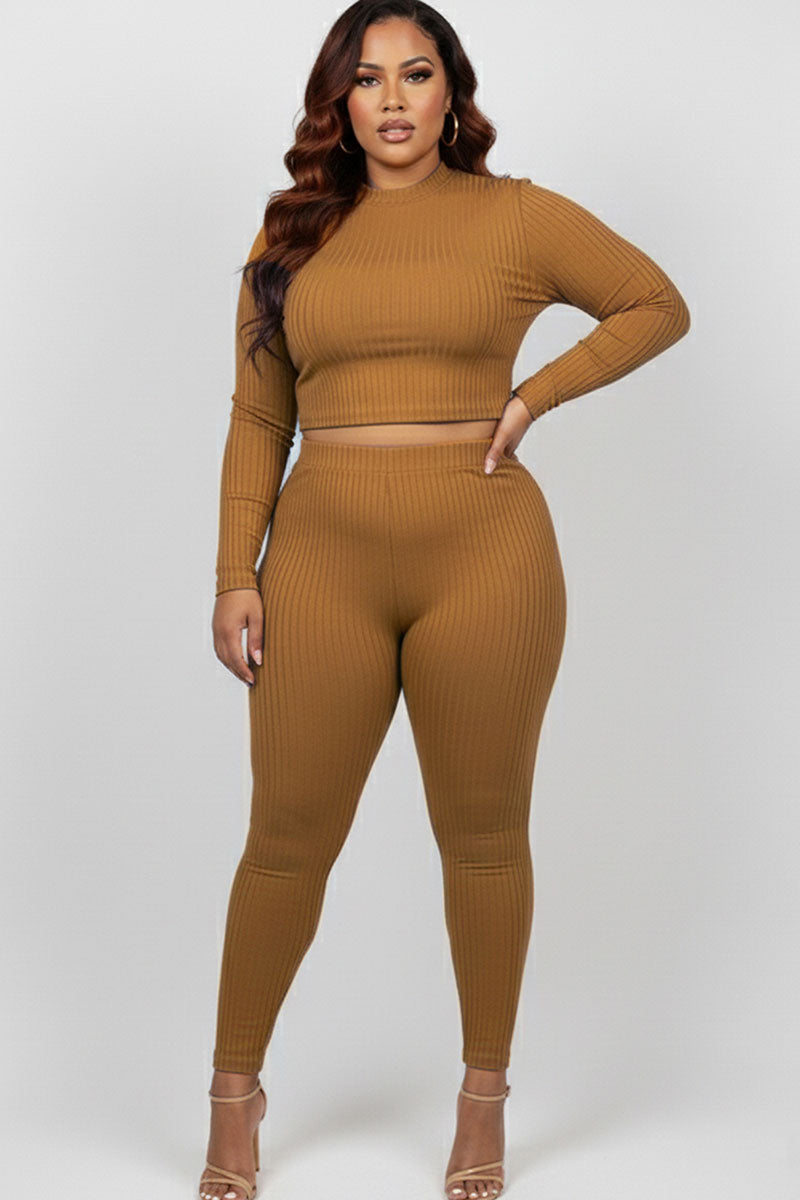 Plus Size Ribbed Mock Neck Long Sleeve Top & Leggings Set (capella)
