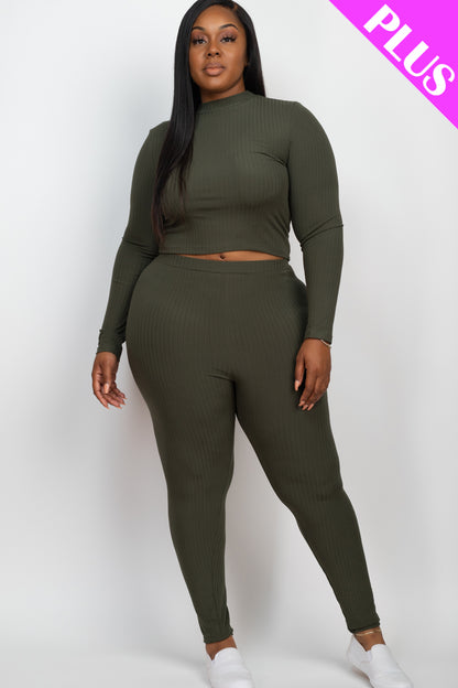 Plus Size Ribbed Mock Neck Long Sleeve Top & Leggings Set - Capella Apparel Wholesale