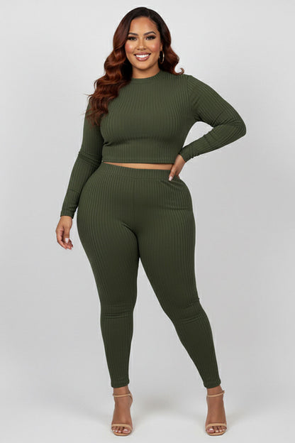 Plus Size Ribbed Mock Neck Long Sleeve Top & Leggings Set (capella)