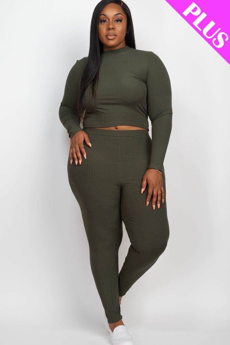 Plus Size Ribbed Mock Neck Long Sleeve Top & Leggings Set - Capella Apparel Wholesale