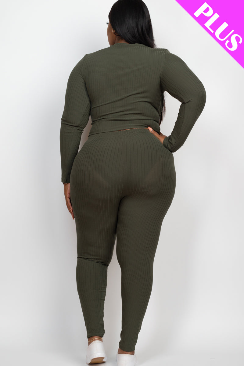 Plus Size Ribbed Mock Neck Long Sleeve Top & Leggings Set - Capella Apparel Wholesale