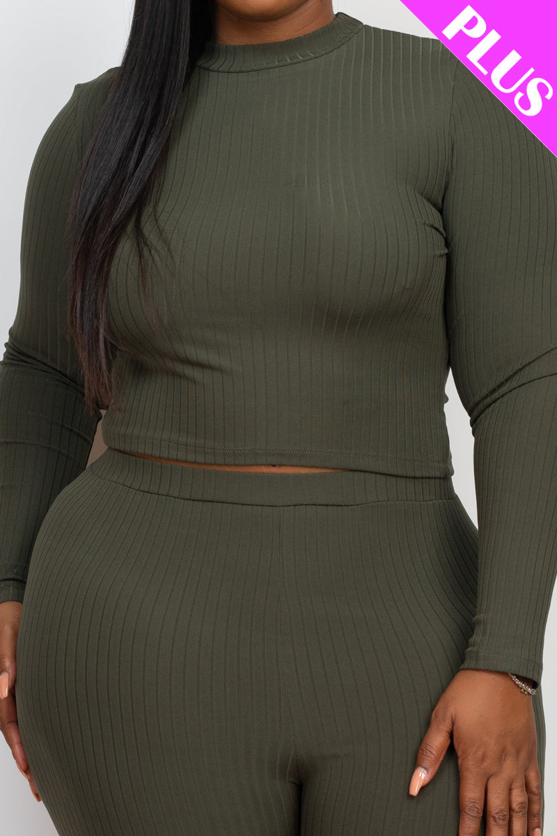 Plus Size Ribbed Mock Neck Long Sleeve Top & Leggings Set - Capella Apparel Wholesale