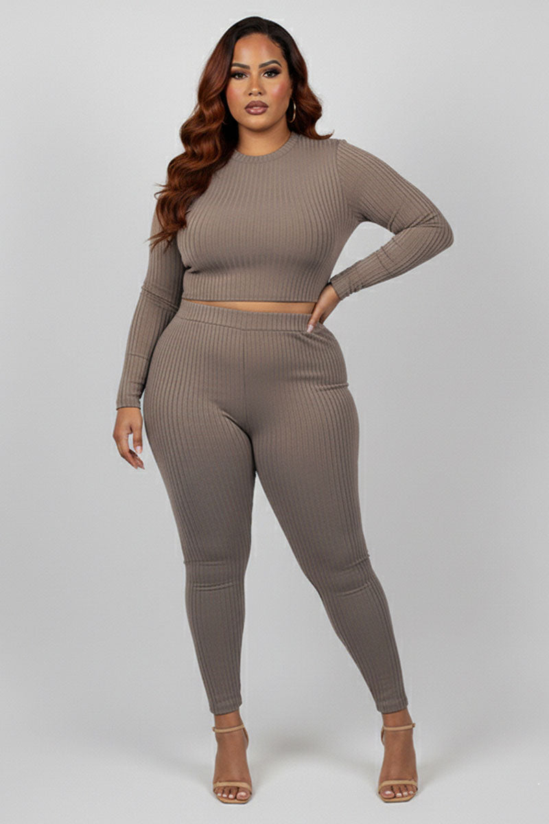 Plus Size Ribbed Mock Neck Long Sleeve Top & Leggings Set