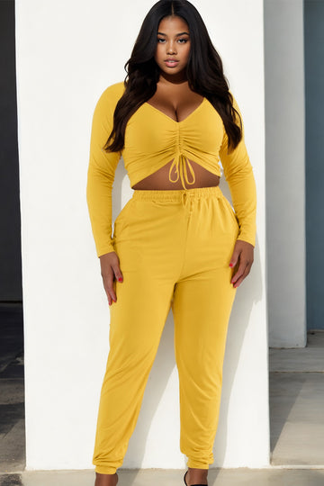 Plus Size Long Sleeve Ruched Crop Top and Joggers Set - Capella Apparel Wholesale