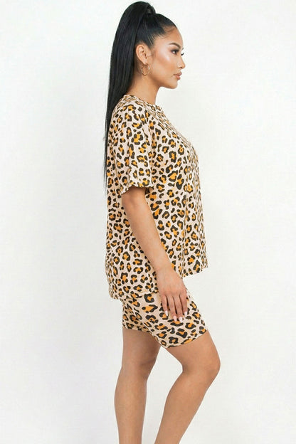 Animal Print Loose Fit Top & Biker Shorts Set