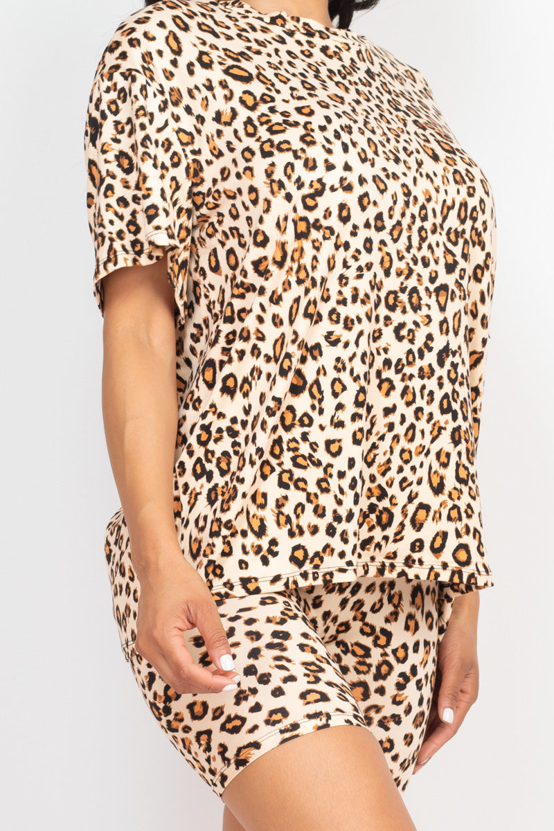 Animal Print Loose Fit Top & Biker Shorts Set