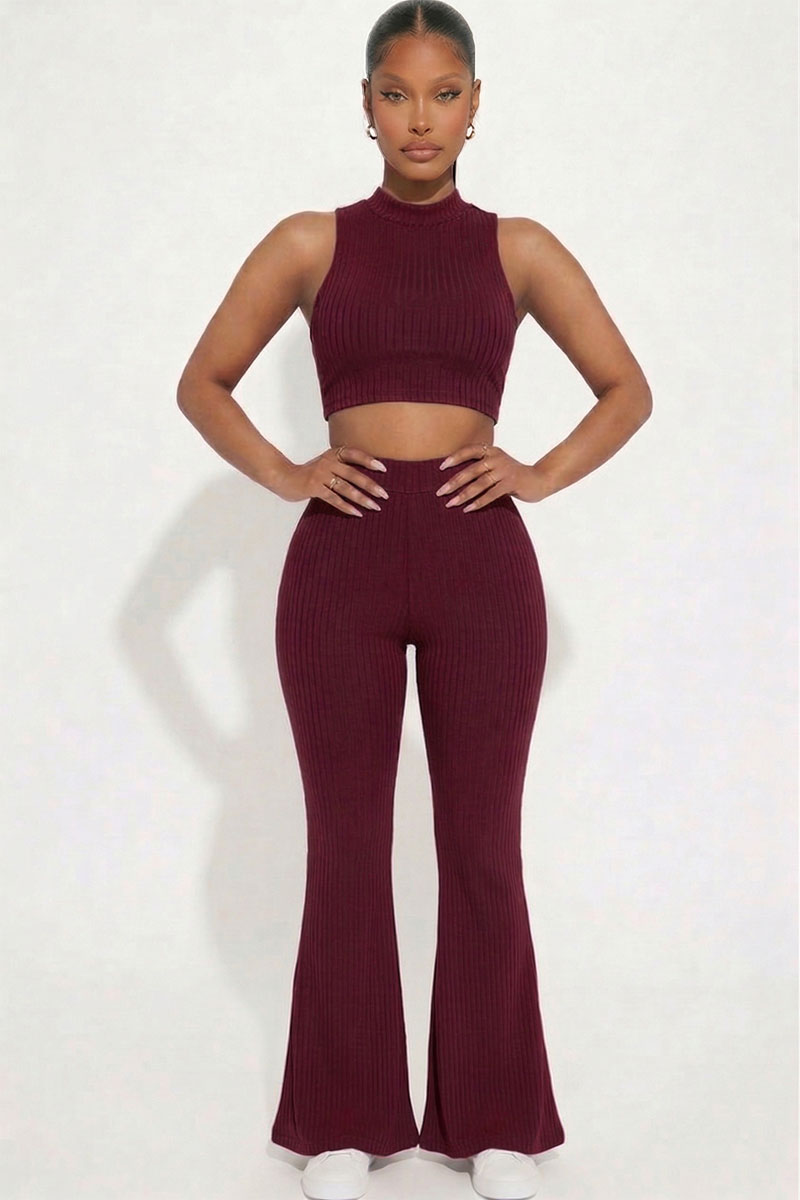 Ribbed Mock Neck Crop Tank Top & Bootcut Pants Set – Wholesale