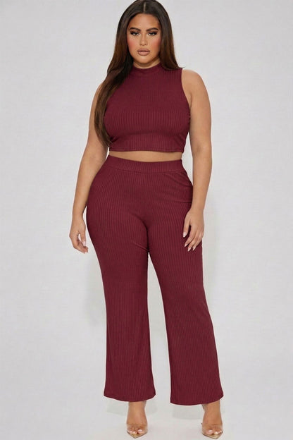 Plus Size Ribbed Mock Neck Crop Tank Top& Bootcut Pants Set