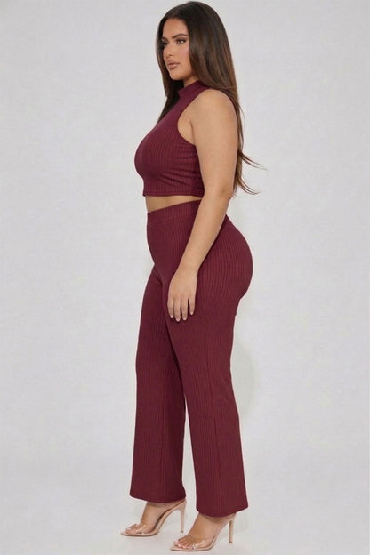 Plus Size Ribbed Mock Neck Crop Tank Top& Bootcut Pants Set