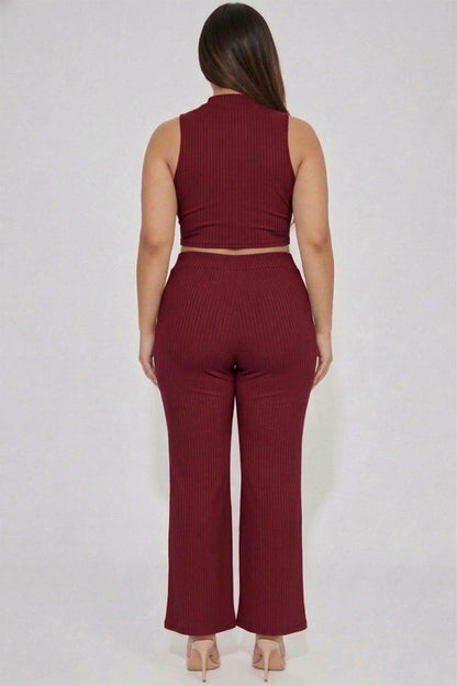 Plus Size Ribbed Mock Neck Crop Tank Top& Bootcut Pants Set