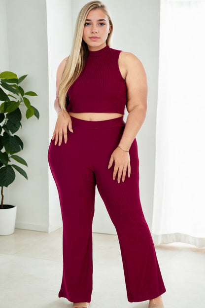 Plus Size Ribbed Mock Neck Crop Tank Top& Bootcut Pants Set - Capella Apparel