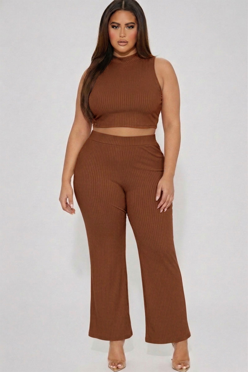 Plus Size Ribbed Mock Neck Crop Tank Top& Bootcut Pants Set