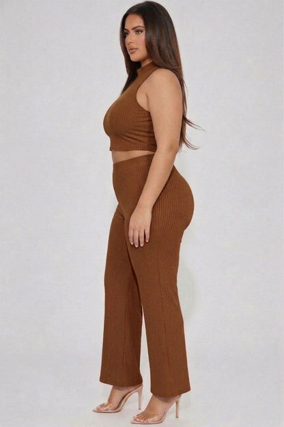 Plus Size Ribbed Mock Neck Crop Tank Top& Bootcut Pants Set