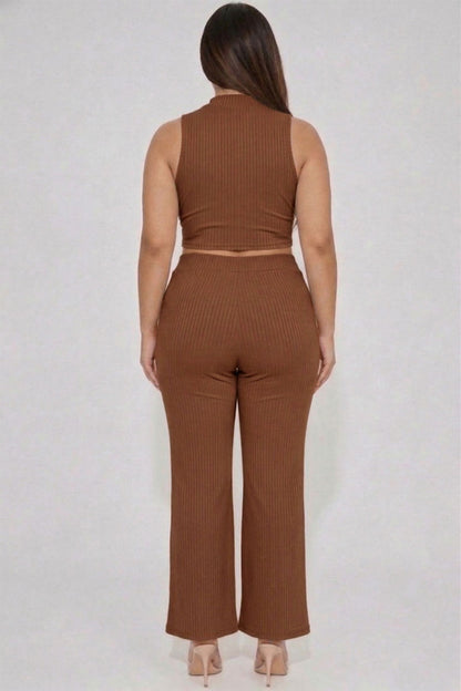 Plus Size Ribbed Mock Neck Crop Tank Top& Bootcut Pants Set