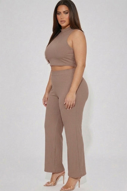 Plus Size Ribbed Mock Neck Crop Tank Top& Bootcut Pants Set