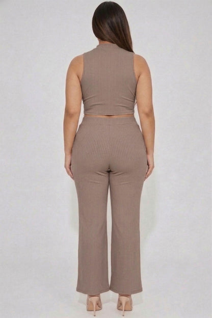 Plus Size Ribbed Mock Neck Crop Tank Top& Bootcut Pants Set