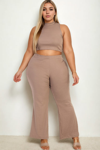 Plus Size Ribbed Mock Neck Crop Tank Top& Bootcut Pants Set - Capella Apparel