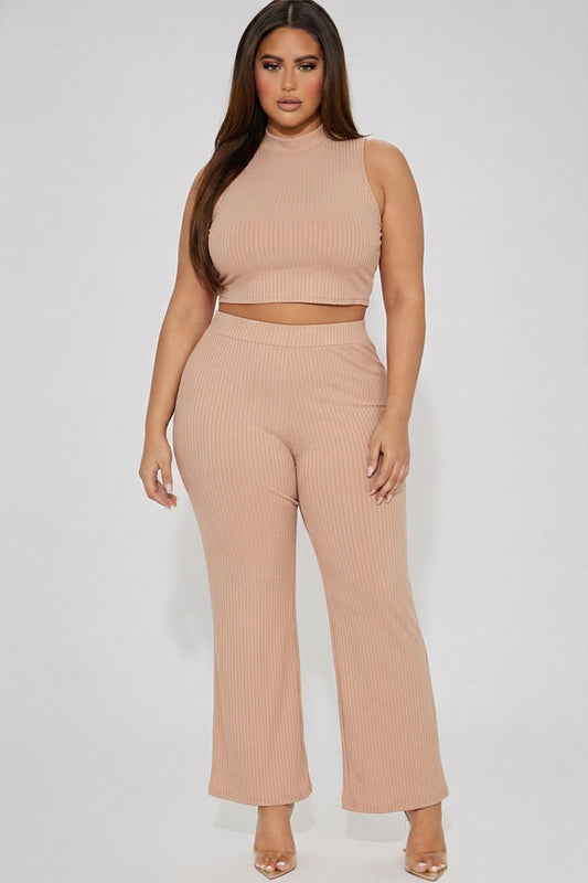 Plus Size Ribbed Mock Neck Crop Tank Top& Bootcut Pants Set
