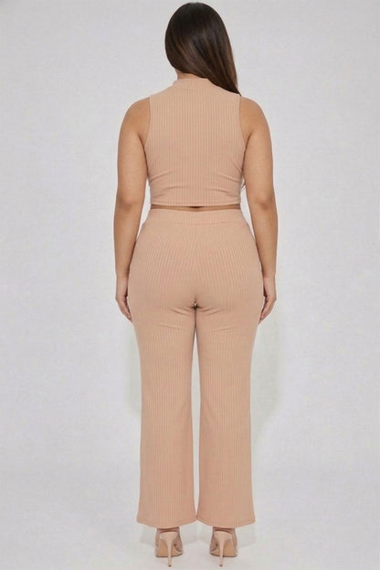 Plus Size Ribbed Mock Neck Crop Tank Top& Bootcut Pants Set