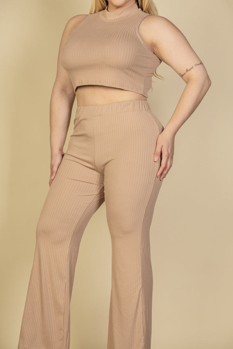 Plus Size Ribbed Mock Neck Crop Tank Top& Bootcut Pants Set - Capella Apparel