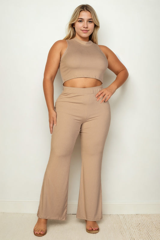 Plus Size Ribbed Mock Neck Crop Tank Top& Bootcut Pants Set - Capella Apparel