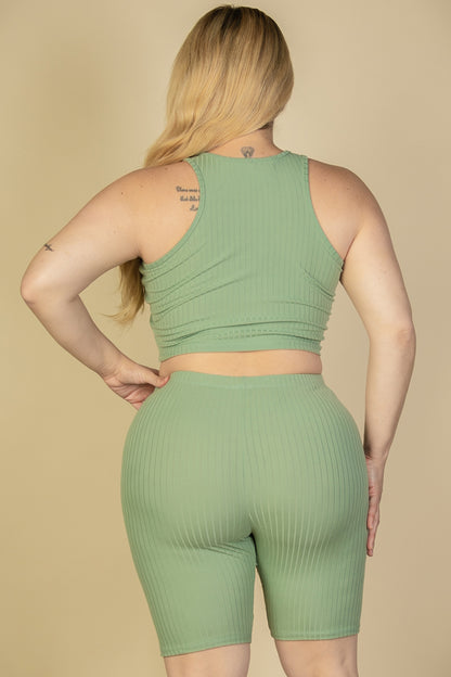 Plus Size Ribbed Cropped Tank Top and Biker Shorts Set - Capella Apparel