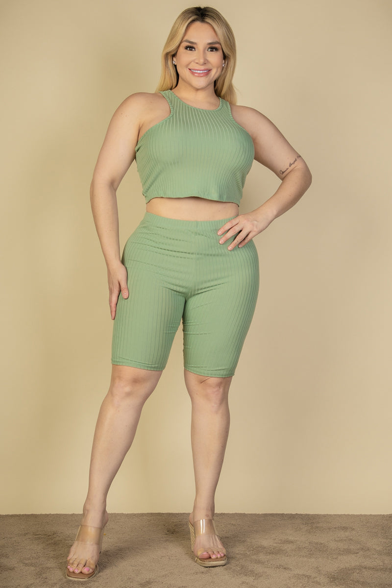 Plus Size Ribbed Cropped Tank Top and Biker Shorts Set - Capella Apparel