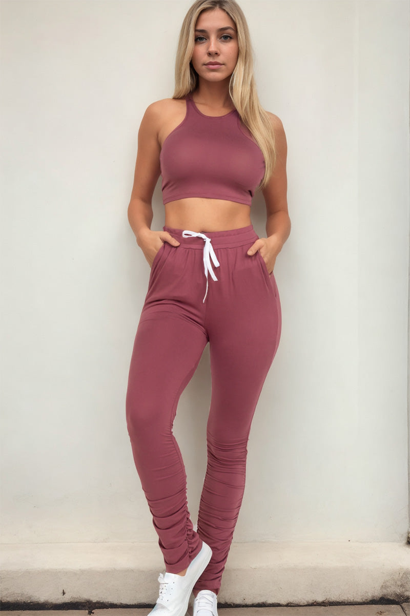 Crop Tank Top & Ruched Pants Set - Capella Apparel