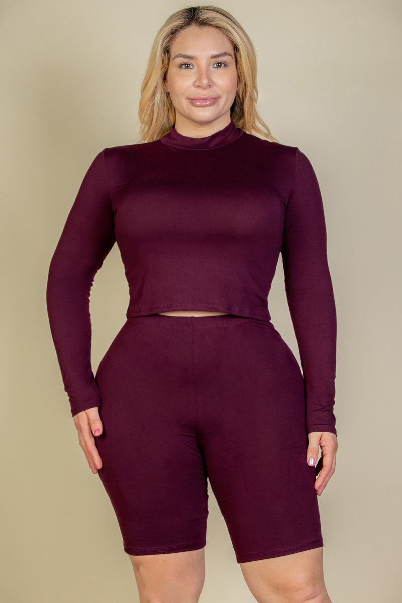 Plus Size Mock Neck Long Sleeve Top & Biker Shorts Set - Capella Apparel