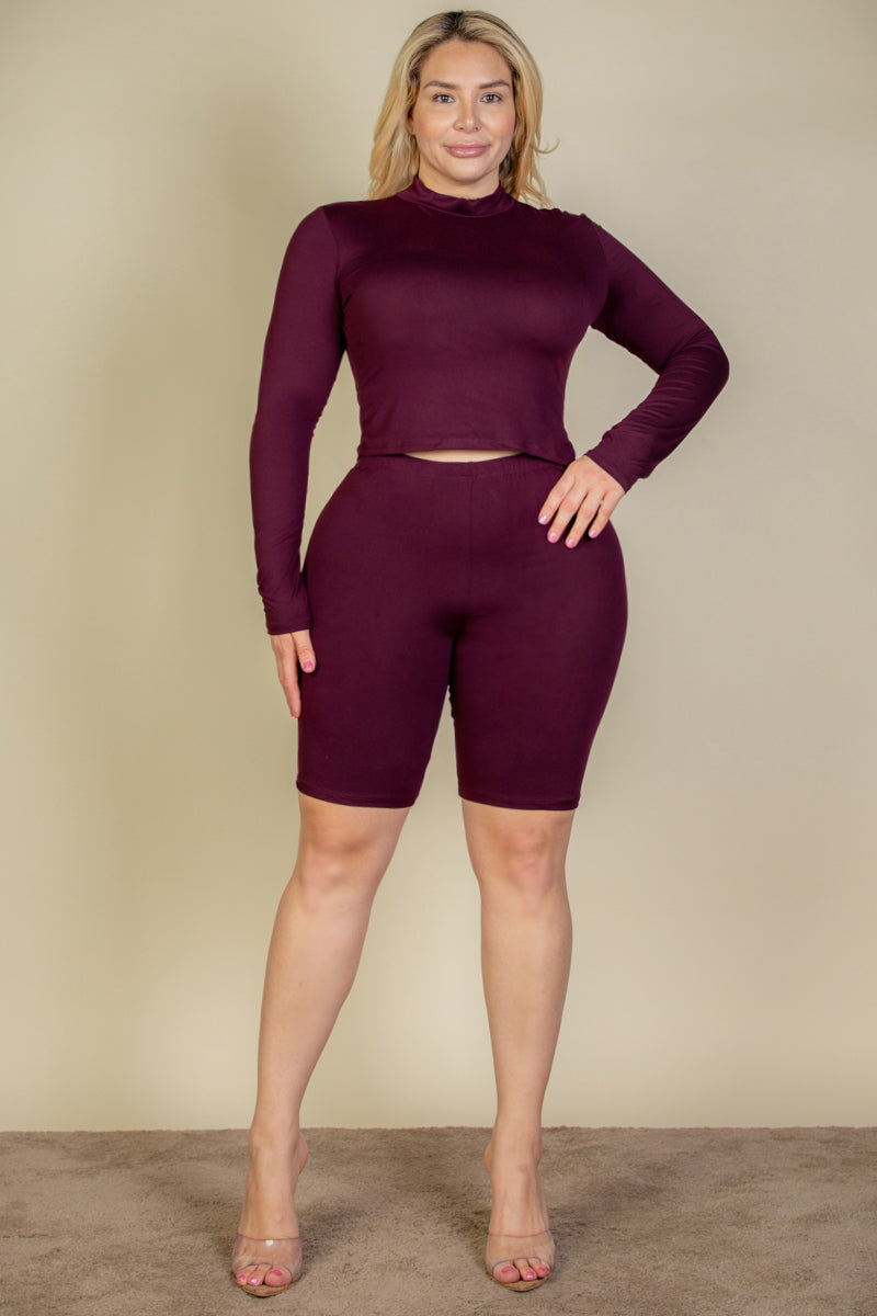 Plus Size Mock Neck Long Sleeve Top & Biker Shorts Set - Capella Apparel